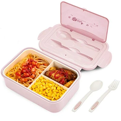 Image of BIBURY Lunch Box, Leakproof Bento Box for Kids Adults, Food Container with 3 Compartments and Cutlery Set, BPA Free, Microwave Dishwasher Safe Meal Prep Containers Pink