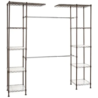 Image of Amazon Basics Expandable Wardrobe and Closet Organiser / Rail with 10 Height Adjustable Shelves 521kg Max Weight, Bronze