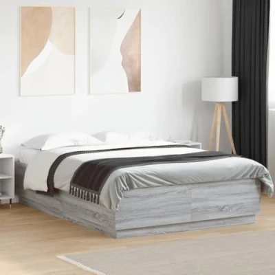 Image of vidaXL Grey Sonoma Double Bed Frame 140x200 cm with LED Lights Engineered Wood Plywood Slats and USB Connector for Bedroom