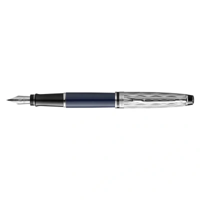 Image of Waterman Expert Fountain Pen Metal &amp; Blue Lacquer Chiselled Cap Stainless Steel Medium Nib Ink Gift Box