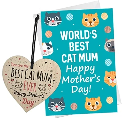 Image of RED OCEAN Mothers Day Card For Best Cat Mum Funny Wooden Heart And From The Novelty Mother&#039;s Cards