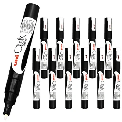 Image of 12 x Uni Ball Wet Erase Liquid Chalk Marker Pens For Glass (Windows &amp; Mirrors), Whiteboards, Signs And Non Porous Blackboards (0.9 1.3mm Bullet Tip) BLACK