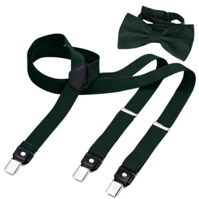 Image of DonDon Men’s 1.0&quot; wide Y style elastic and adjustable suspenders braces as a 2 piece set with matching colour bow tie 4.72 x 2.36 Green