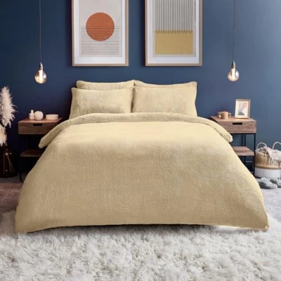 Image of Silentnight Teddy Fleece Double Duvet Set Bear Bedding Fluffy Cover and Pillowcase Warm Cosy Super Soft Natural