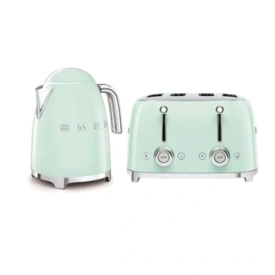 Image of Smeg 50’s Style Retro Range Breakfast Set, 1.7L 3000W Kettle and Multi Functional Control 4 Slice 2000W Toaster, Pastel Green, KLF03PGUK/ TSF03PGUK