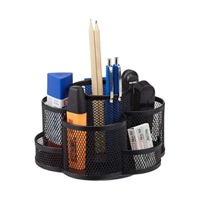 Image of Relaxdays Pencil Holder, Metal Mesh, 7 Compartments, Rotatable, Round Desk Organizer, 11 x 17.5 16.5 cm