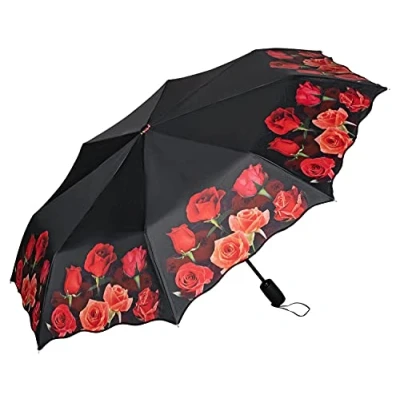 Image of VON LILIENFELD Folding Pocket Umbrella Automatic Lightweight auto open Women Floral Motif Bouquet of Roses