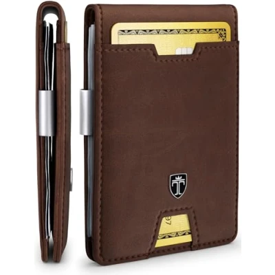Image of TRAVANDO Mens Slim Wallet with Money Clip Austin RFID Blocking Bifold Credit Card Holder for Men Gift Box, Vintage Brown,