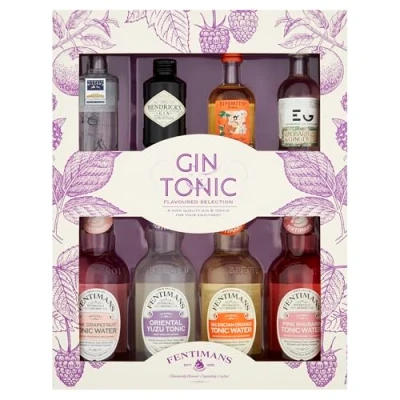 Image of Fentimans Flavoured Tonics (4x200ml) &amp; 4x5cl Gins Selection Gift Box. Contains: Sipsmith Orange Gin, Edinburgh Gin&#039;s Rhubarb Ginger Liqueur, Hendricks and Martin Miller&#039;s Gin.