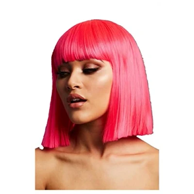 Image of Smiffys Fever Lola Wig, Neon Pink Blunt Cut Bob with Fringe, 30cm/ 12in, Wigs Fancy Dress, Dress Up