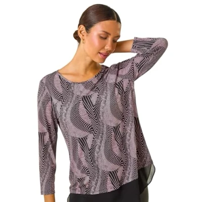 Image of Roman Originals Paisley Print Chiffon Hem Top for Women UK Ladies Everyday Autumn Winter Round Neckline Comfy Soft Evening Vacation Work Party Night Out Pink Size 20