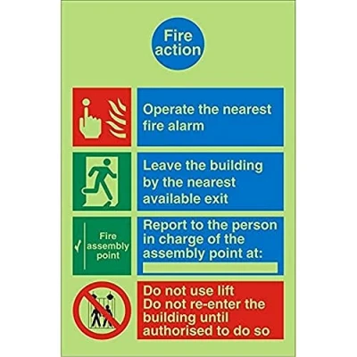 Image of Seco Fire Action with Do Not Use Lift Sign, 200mm x 300mm Photoluminescent Self Adhesive Vinyl