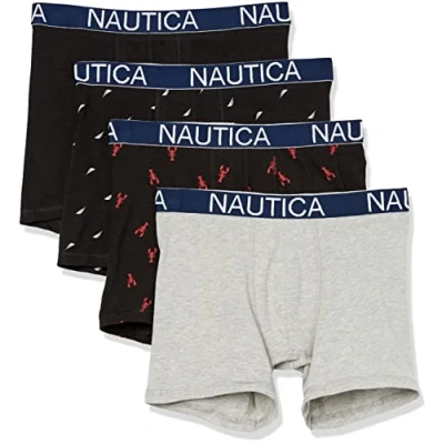 Image of Nautica Men&#039;s Cotton Stretch 4 Pack Boxer Brief, Black/Heather Grey/Sail Print/Lobster, Medium