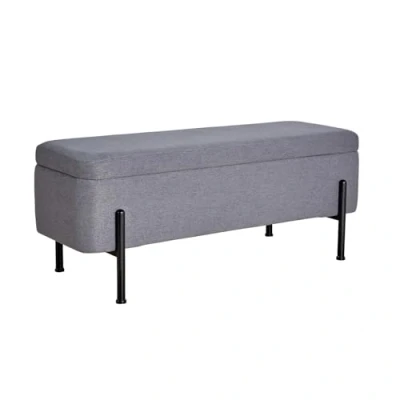 Image of Home Source Linen Fabric Storage Ottoman Blanket Box, Black Metal Legs, Grey