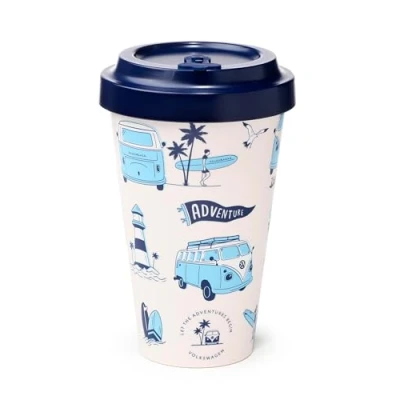 Image of Puckator VW Volkswagen Camper Bus Explore More Reusable Travel Cup Mug 400ml Out of Recycled Plastic Bottles Thermos Insulated Coffee Tumbler with Lid Leakproof Drink Flask