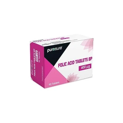 Image of PuroSure Folic Acid Tablets 400 mcg 90 Vitamin B9 3 Month Supply Pregnancy Care Normal Function of Immune System &amp; Maternal Tissue Growth During