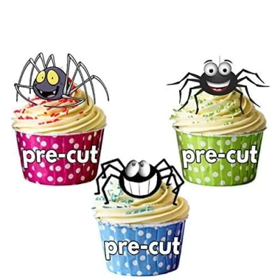Image of AK Giftshop PRE CUT Happy Spiders Halloween Edible Cupcake Toppers/Cake Decorations (Pack of 12)