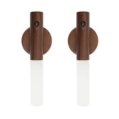 Image of 2PC JinsenTGG Wall Light Wooden, Indoor Night with Motion Sensor, Magnetic Rechargeable Wireless Battery Lights for Bedroom, Hallway, Stairway, Children Room and More (Walnut)