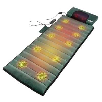 Image of eZwell Electric Massage Remedy Mattress by YAWN AIR Large 3 in 1 Heat Pad, Shiatsu &amp; Vibration Therapy Detachable Ergonomic Pillow 10 Vibrating Motors 6 Nodes for Muscle Relief Green
