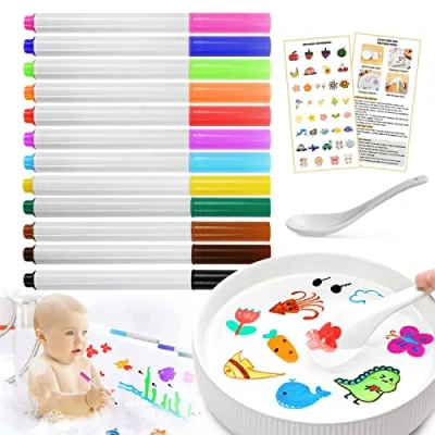Image of QETRABONE 12 Color Magical Water Painting Pen, Floating Pens Bath Colouring for Kids,Erasable Doodle Markers Pen Watercolor Set, Improve Drawing and Imagination (with Spoon)