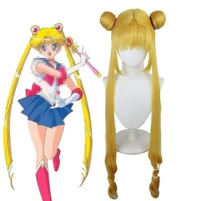 Image of Anime Cosplay Wig, Sailor Moon Tsukino Usagi Women Golden Double Horsetail Long Hair With Wig Cap, for Halloween, Party, Carnival, Nightlife