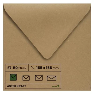 Image of Netuno 50 Square Envelopes Kraft Paper 155 x mm 100 g Aster Beautiful Vintage Invitation Wedding Christmas Birthday Christening Letter Envelope Eco