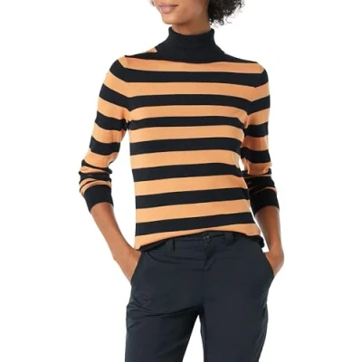 Image of Amazon Essentials Women&#039;s Classic Fit Lightweight Long Sleeve Turtleneck Jumper (Available in Plus Size), Black Camel Rugby Stripe, S
