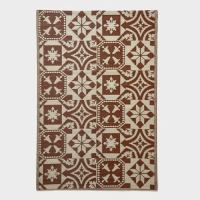 Image of HOMESCAPES Beige &amp; Brown Outdoor Rug for Garden or Patio 100% Recycled Plastic 182 x 122cm Lightweight Waterproof Geometric Portuguese Tile Design Woven Floor Mat Indoor Use
