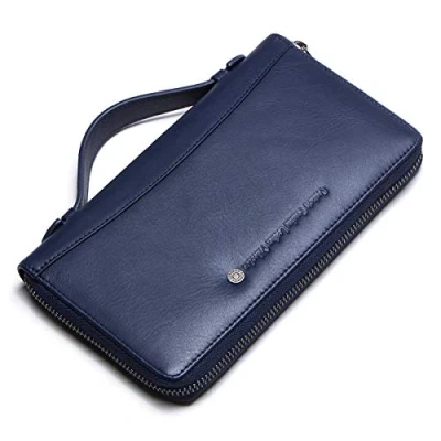 Image of Contacts Mens Genuine Leather Travel Clutch with Wrist Strap,Zipper Passport Wallet Zip Pocket, Large Capacity Phone Hand Bag for Men Vintage Blue