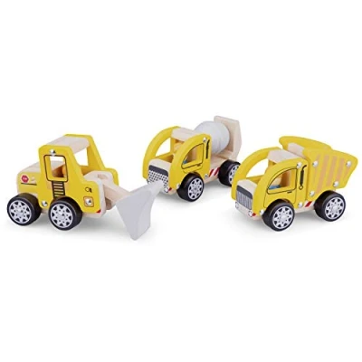 Image of New Classic Toys 11948 Wooden Construction Vehicles Set for Toddlers First Cars One Year Old, Yellow
