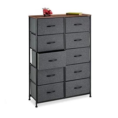 Image of Chest of Drawers, hwd: 120x85.5x30 cm, Metal, 10 Fabric Compartments, Shelf in Modern Wooden Look, Grey/Brown Relaxdays