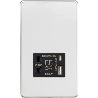 Image of KnightsBridge Shaver socket with dual USB A+C (5V DC 2.4A shared) polished chrome black insert