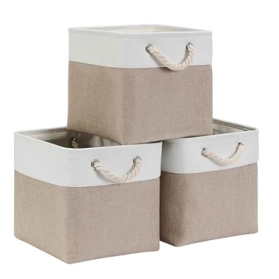 Image of Mangata Cube Storage Boxes 28x28x28cm, Fabric Basket for Cupboards, Shelves, Closet, Light Khaki White（11 x 11 inch, 3 Pack）
