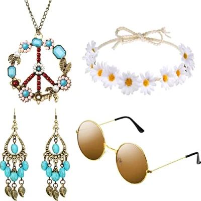 Image of Hicarer Hippie Costume Set Include Sunglasses, Headband, Peace Sign Necklace and Earring (Turquoise Style)