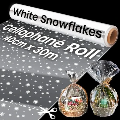 Image of 30m Christmas Cellophane Wrap, Wrap for Hampers, Clear with Snowflake Design Xmas, Roll Gift Baskets and Gifts, (40cm Wide)