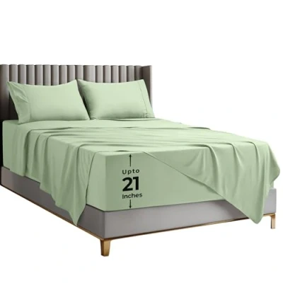 Image of Utopia Bedding Queen Sheet Set Soft Microfiber 4 Piece Luxury Bed Sheets with Deep Pockets Embroidered Pillow Cases Side Storage Pocket Fitted Flat (Sage)