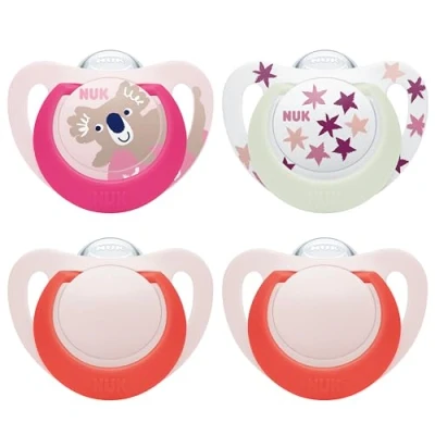 Image of NUK Star Day &amp; Night Baby Dummy 18 36 Months Soothes 99% of Babies BPA Free Silicone Soothers Glow in the Dark to Find at Koala 4 Count