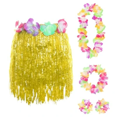 Image of Yellow Hawaiian Set Fancy Dress Costume Kit Coloured 40cm Short Hula Skirt + Flower Lei Necklace Pair of Bracelets Headband 5 Piece Hawaii Grass Luau