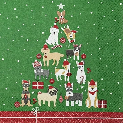 Image of 20 napkins dogs form Christmas tree, animals, funny, winter, Christmas, table decoration, decoupage, napkin technology, 33 x cm