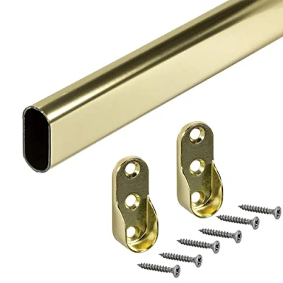 Image of Gedotec Wardrobe Rail Oval 1000 mm 1 Piece with 2 Pieces Rod Fixings Furniture Pipe 30 x 15 Clothes Brass Metal Cupboard Tube
