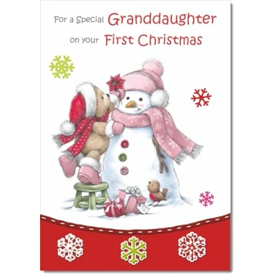 Image of doodlecards Granddaughters 1st First Christmas Card Cute Bear with Snowman Medium Size for Plain Envelope
