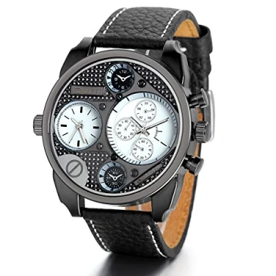 Image of JewelryWe Mens Dual Time Zone Military Army Sport Quartz Wrist Watches with Black Leather Strap White Dial Sports Watch