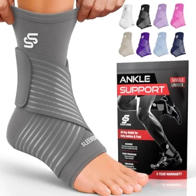 Image of Sleeve Stars Ankle Brace for Sprained Ankle, Plantar Fasciitis Relief Support Women &amp; Men, Compression w/Strap, Achilles Tendonitis Brace, Foot Wrap (Pair/Grey)