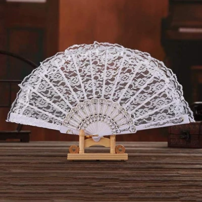 Image of Dusenly White Hand Held Fans Lace Folding Fan Women Spanish for Wedding Party Costume Decoration