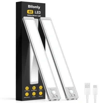 Image of Bilonly Under Cabinet Kitchen Lights, 40 LED Rechargeable Motion Sensor Lights Indoor, Magnetic Dimmable Cupboard Wireless Strip Light for Kitchen, Stairs, Wardrobe, Hallway, 2 Pack