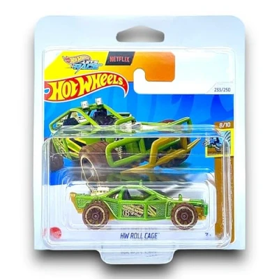 Image of Hot Wheels HW Roll Cage (Green, Gold &amp; Brown Let&#039;s Race) 8/10 Dirt 2024 233/250 (Short Card) includes a KLAS Car Keeper Protector Case HTB30