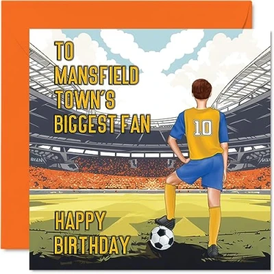 Image of Football Birthday Card for Mansfield Fans Biggest Fan Fun Happy Son Dad Brother Uncle Colleague Friend Cousin, 145mm Footy Footie Bday Greeting Cards