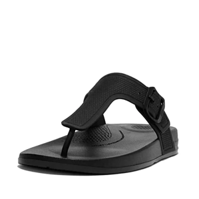 Image of Fitflop Women&#039;s iQUSHION Adjustable Buckle FLIP Flops Flat Sandal, All Black, 7 UK