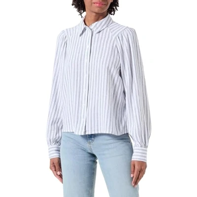 Image of ONLY Women&#039;s Onlcaro L/S Linen Bl Puff Shirt CC PNT Long Sleeve Blouse, Bright White/Stripes: Naval Academy, Large