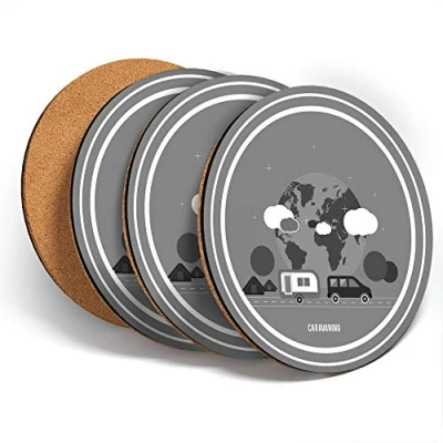 Image of Destination Vinyl ltd Great Coasters (Set of 4) Round BW Caravan Motorhome Camping Van Bus Drink Glossy Coasters/Tabletop Protection for Any Table Type #41871